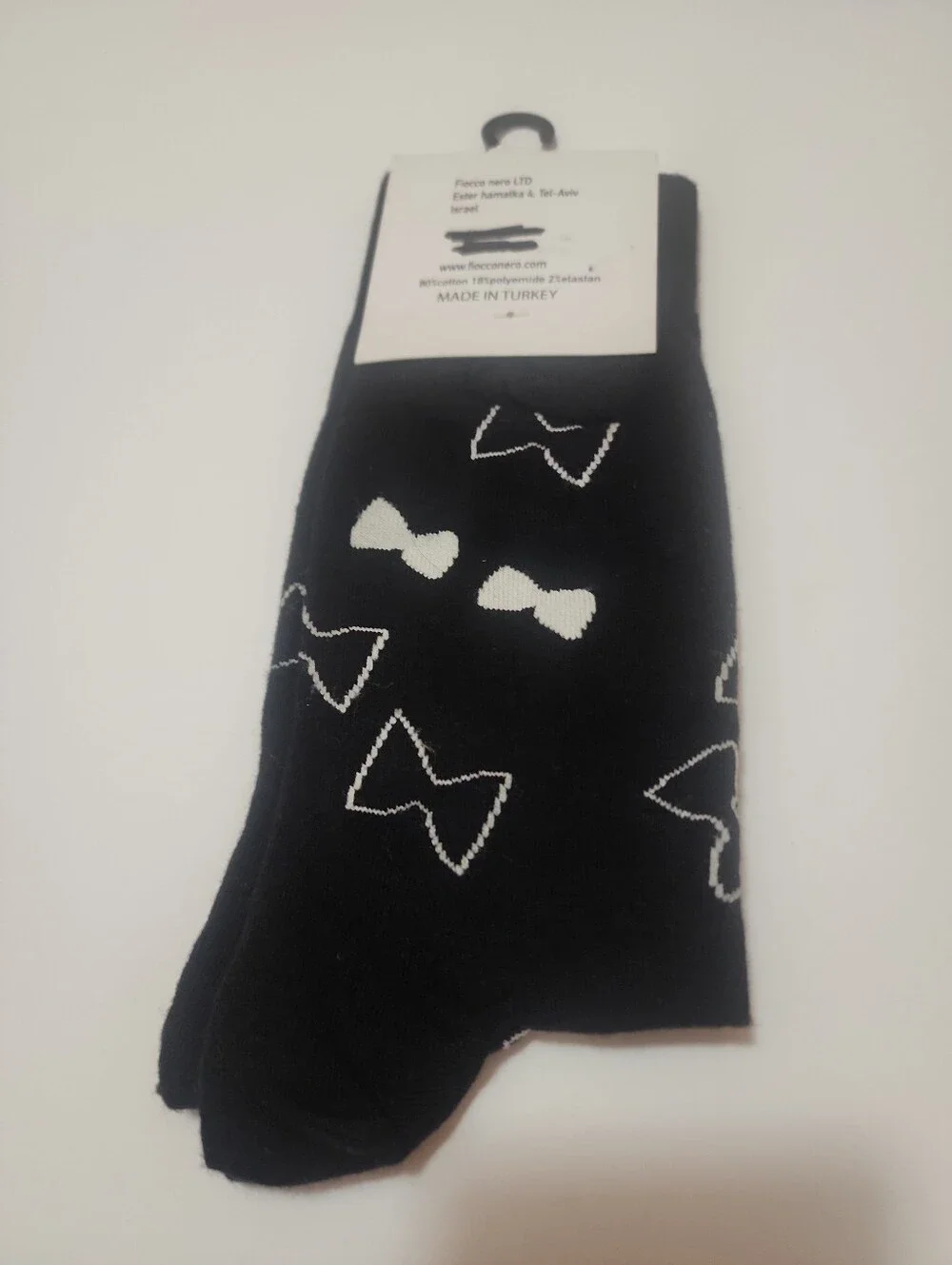 Mens Black Dress Socks White Bow Tie Print Cotton Blend Mid Calf NWT One Size